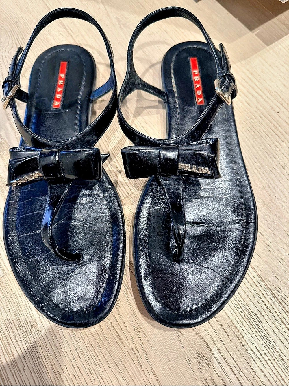 Prada Patent Leather Bow Thong Slingback Sandals Black